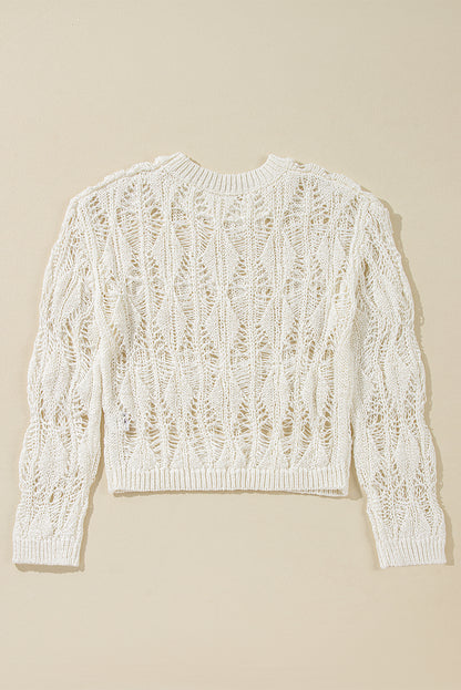 White Ripped Crochet Knit Sweater