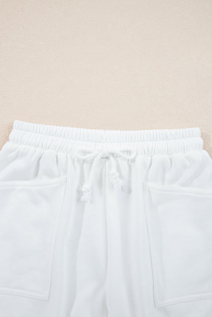 White Lace-Up Two Piece Short Set – Ribbed Collar Drop Shoulder Lounge Set