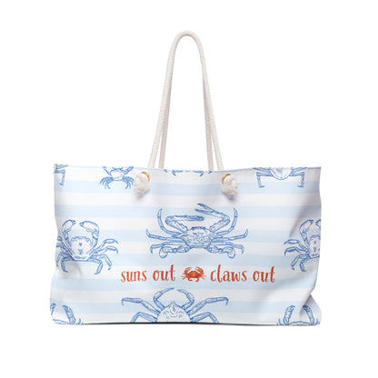 Weekender Bag - Blue Striped with Crabs 'Suns Out, Claws Out'
