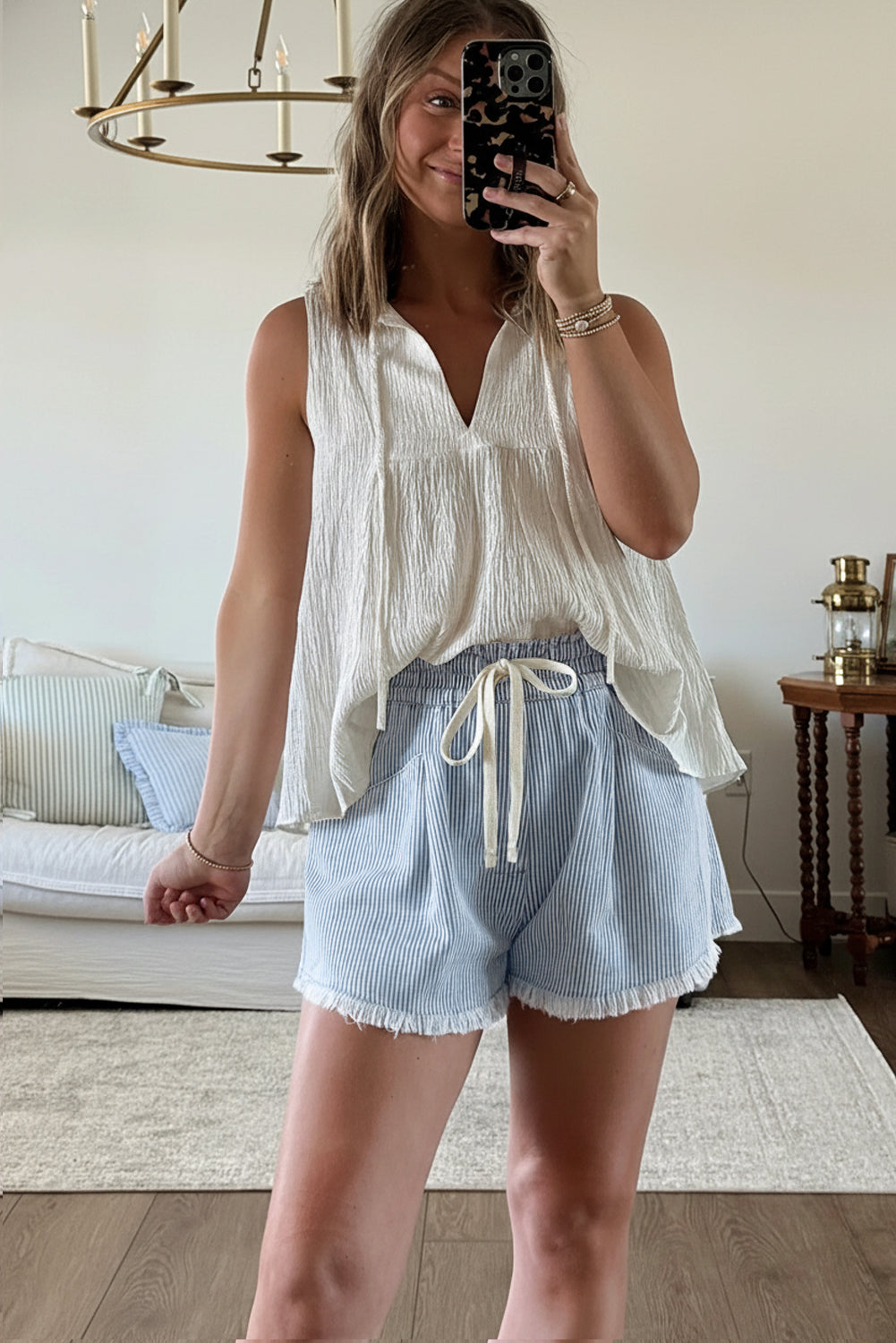 Sky Blue Striped Denim Shorts – High Waist Drawstring Raw Hem