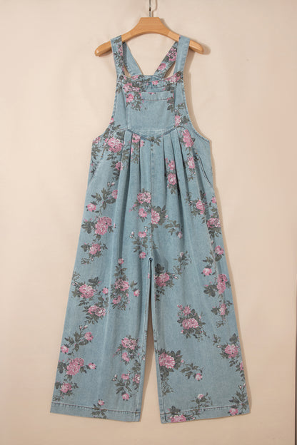 Beau Blue Floral Denim Overalls – Vintage Pleated Jumpsuit