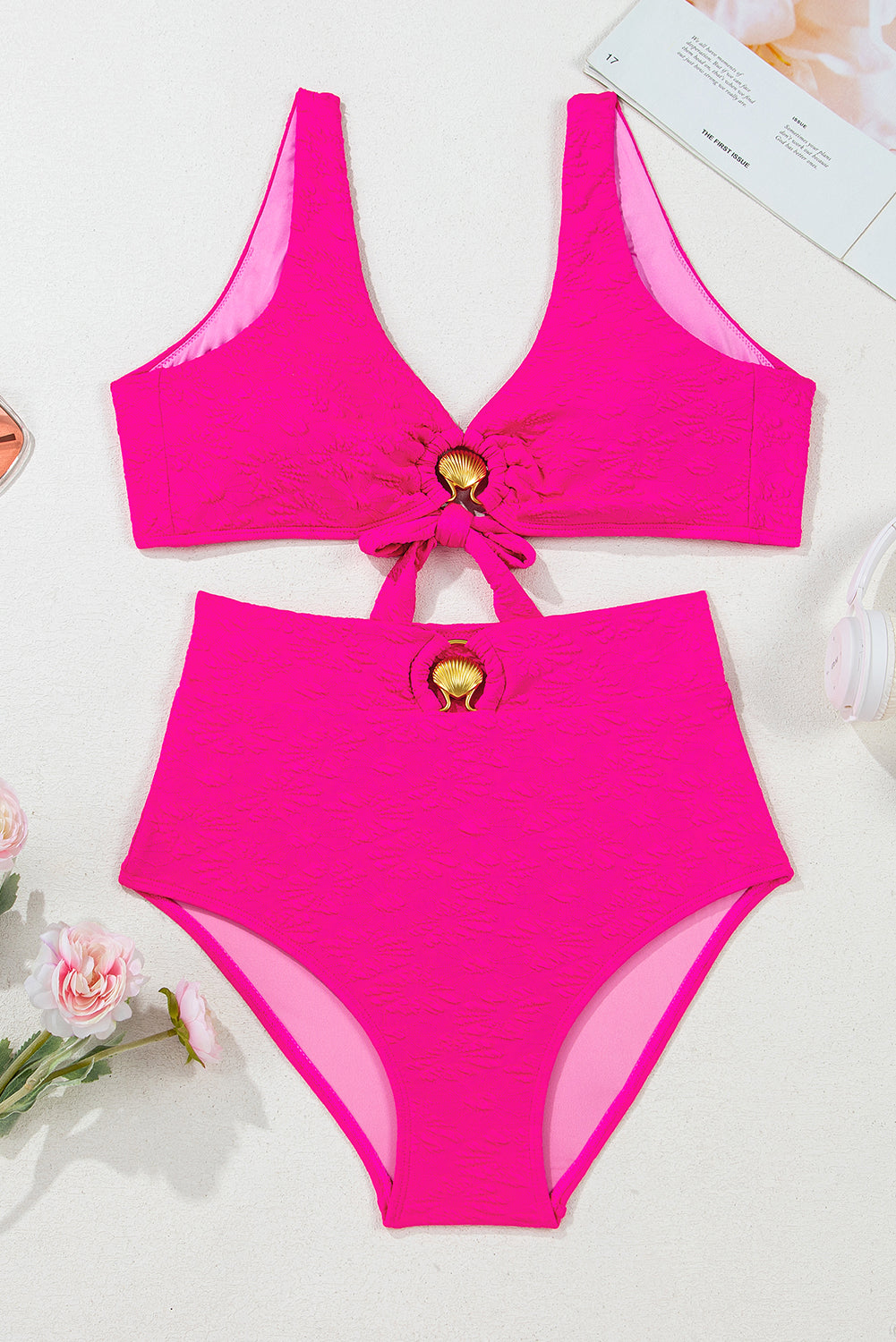 High Waist Bikini Set – Gold Shell Detail Swimwear
