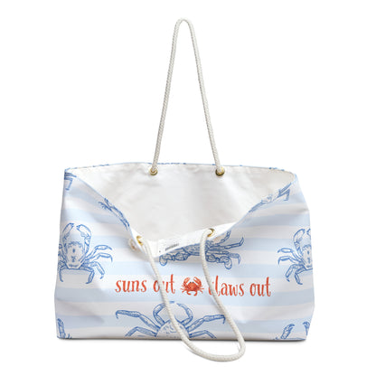 Weekender Bag - Blue Striped with Crabs 'Suns Out, Claws Out'