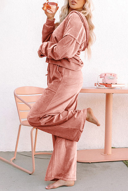 Peach Blossom Velvet Two Piece Pant Set – Zip Hoodie Wide Leg Lounge Set