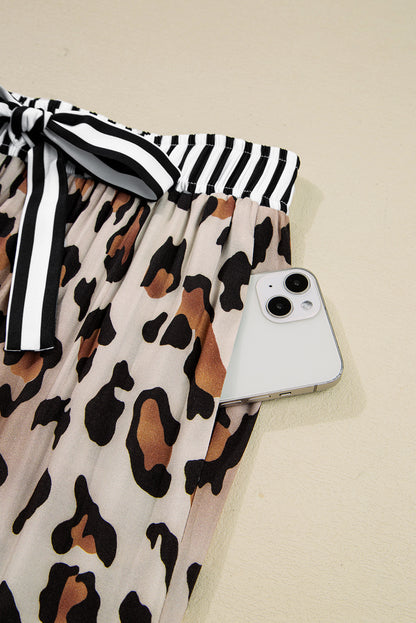 Khaki Leopard Print Colorblock Striped Edge Shirt and Pants Pajama Set