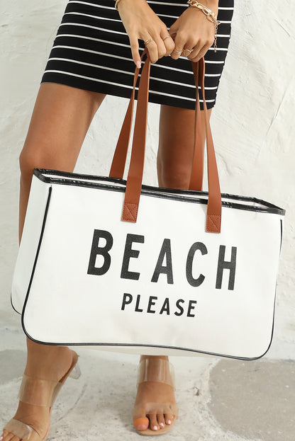 “Beach Please” Oversized Canvas Tote Bag – White Beach Bag