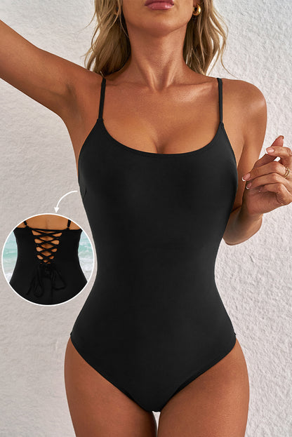 Black Lace Up One Piece Swimsuit – Open Back Strappy Swimwear