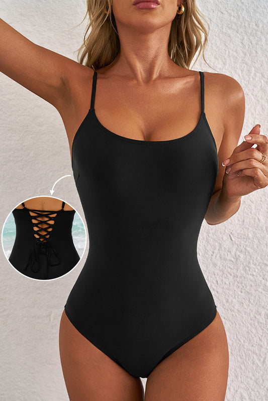 Black Lace Up One Piece Swimsuit – Open Back Strappy Swimwear
