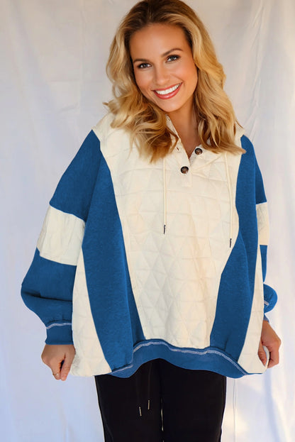 White Quilted Fleece Color Block Patchwork Oversize Hoodie