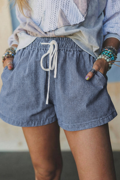 Sky Blue Stripe Denim Shorts – High Waist Drawstring Summer Shorts