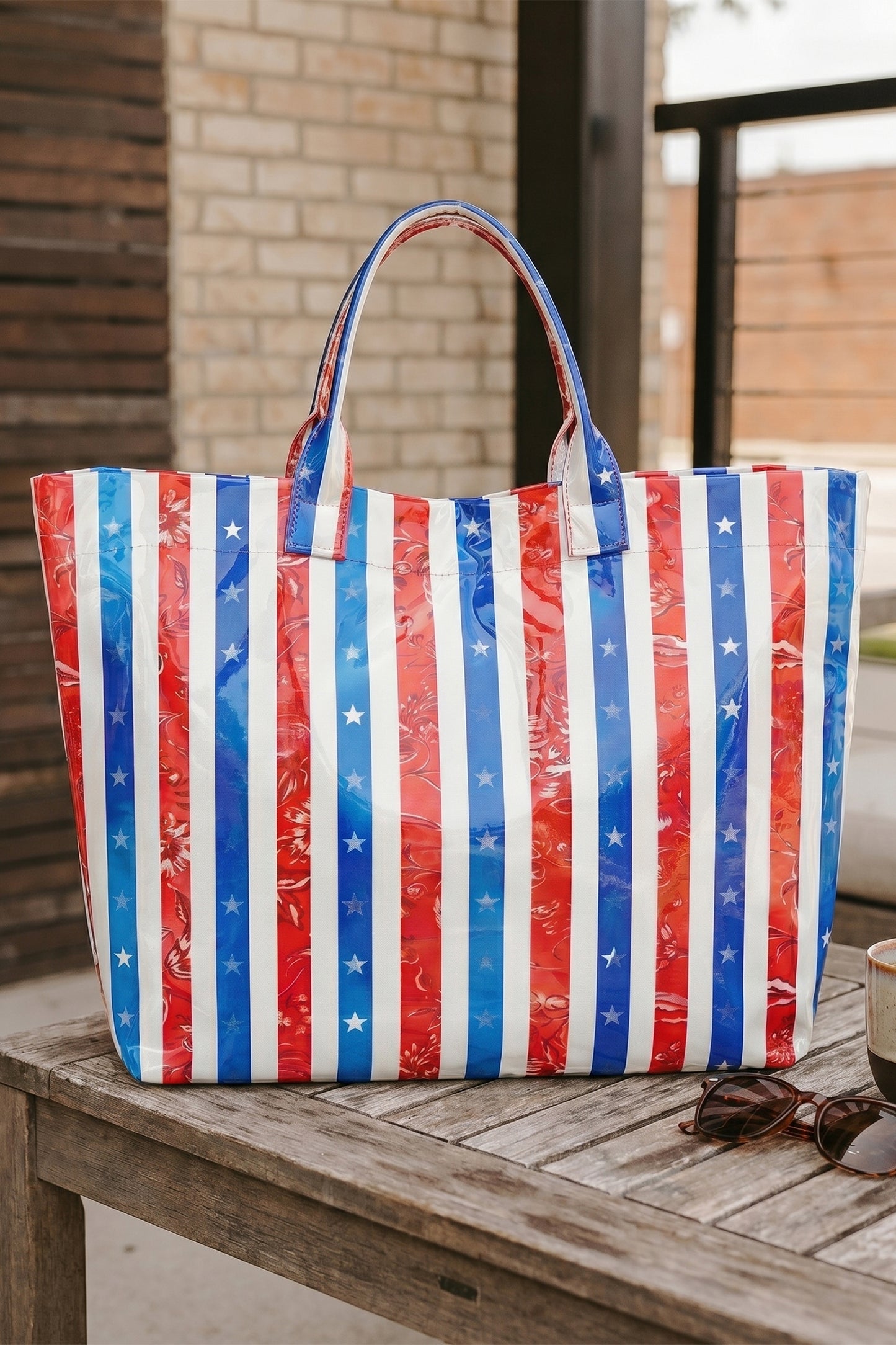 Red, White, and Blue Waterproof Vinyl Tote Bag – Colorblock Beach Carryall