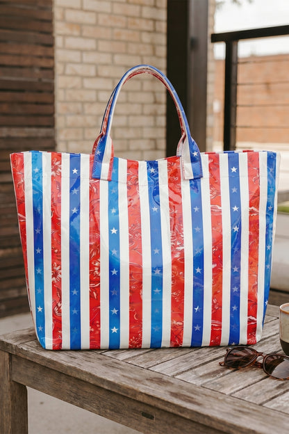 Red, White, and Blue Waterproof Vinyl Tote Bag – Colorblock Beach Carryall