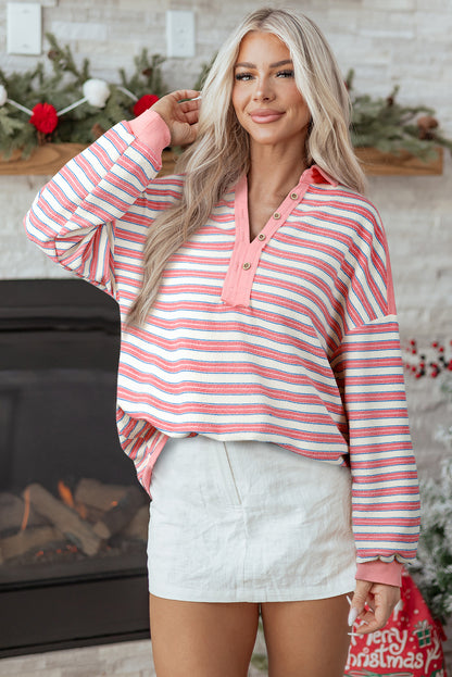 Striped Collared V-Neck Button Top