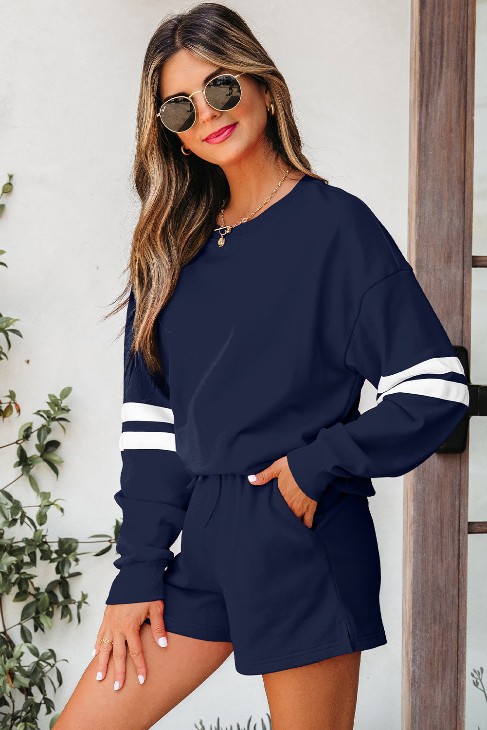 Varsity Two Piece Short Set – Drop Shoulder Pullover Lounge Set