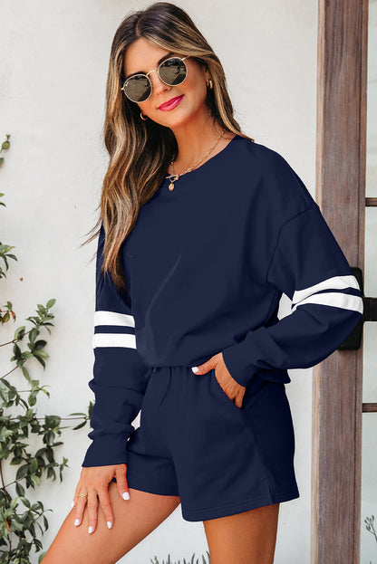 Varsity Two Piece Short Set – Drop Shoulder Pullover Lounge Set