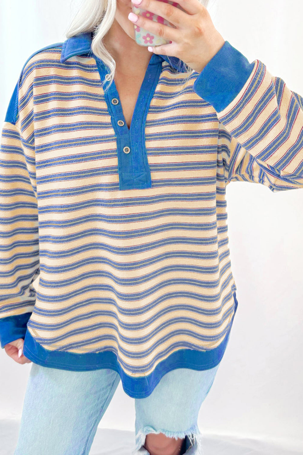 Striped Collared V-Neck Button Top