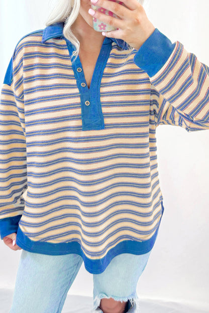 Striped Collared V-Neck Button Top