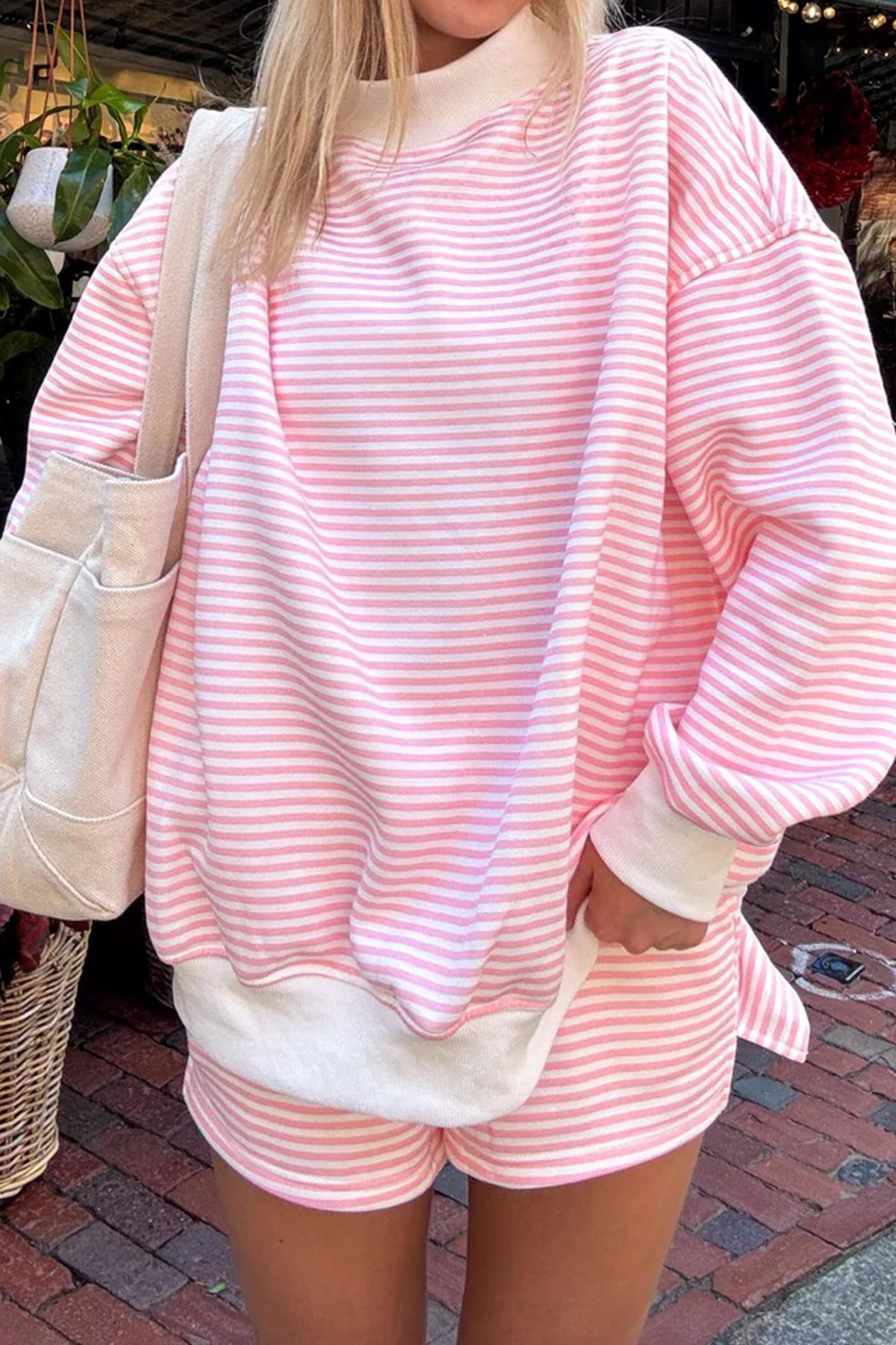 Pink Stripe Colorblock Two Piece Short Set – Oversized Mock Neck Lounge Set
