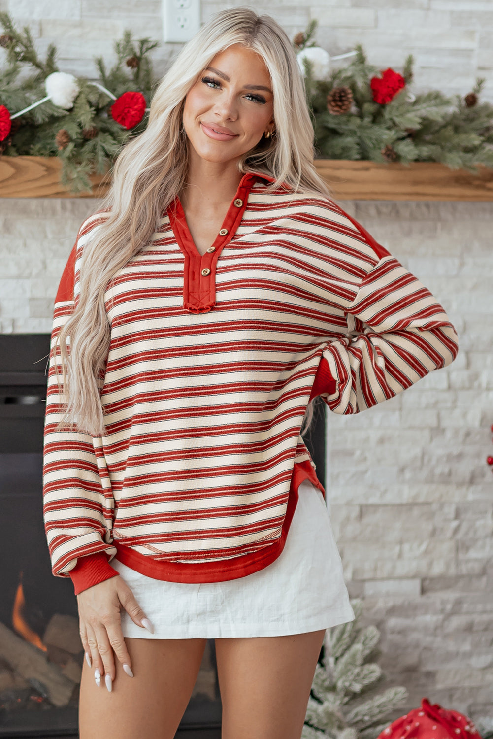 Striped Collared V-Neck Button Top
