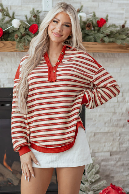 Striped Collared V-Neck Button Top