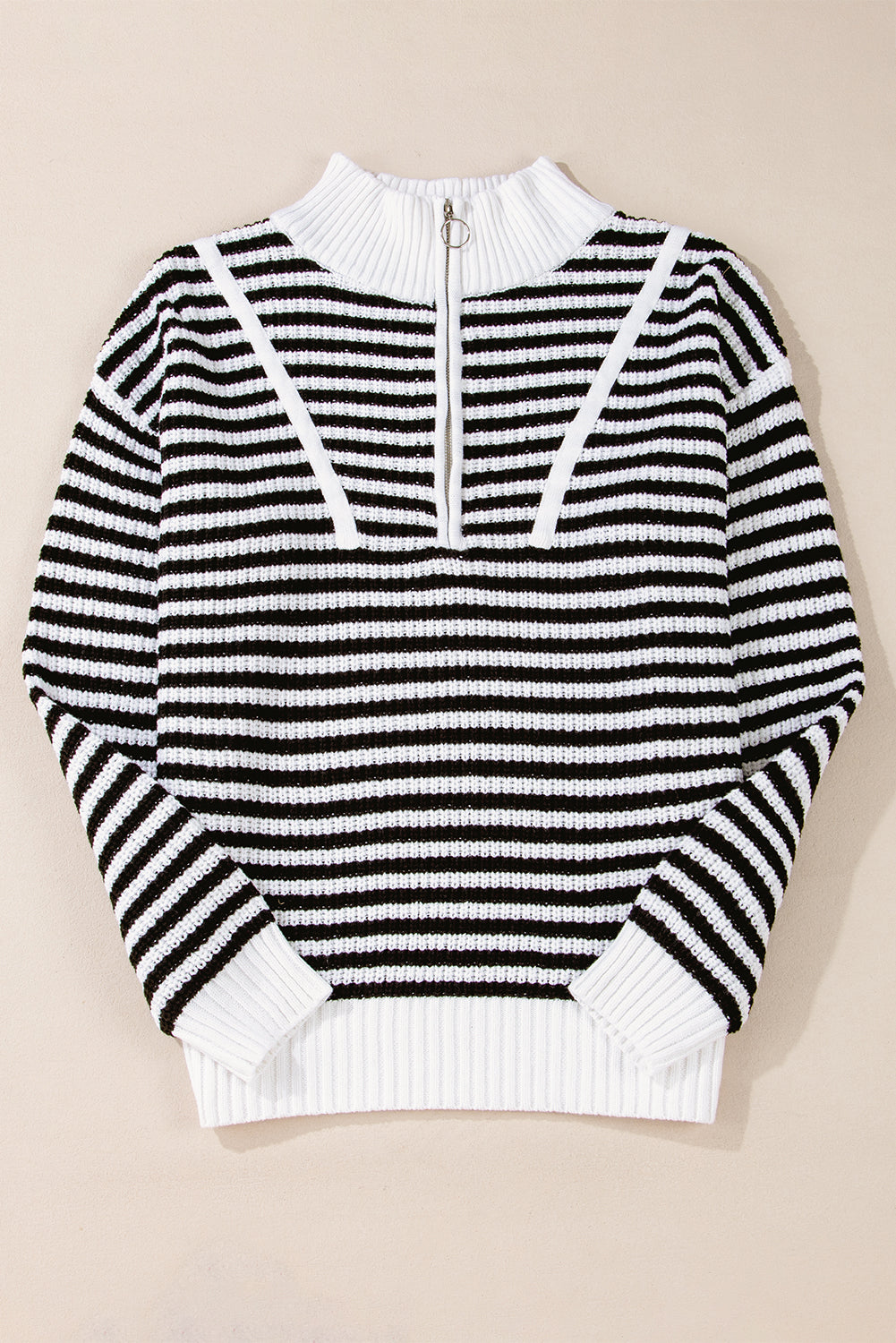 Striped Zip-Up Coastal Sweater – Khaki, Blue, & Black