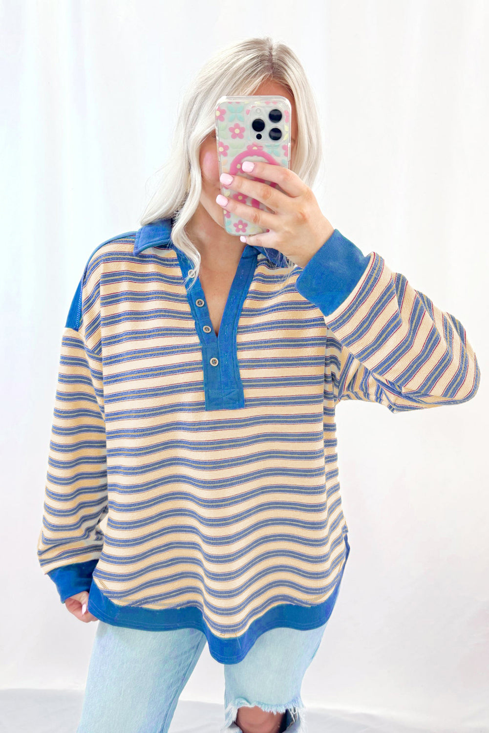 Striped Collared V-Neck Button Top