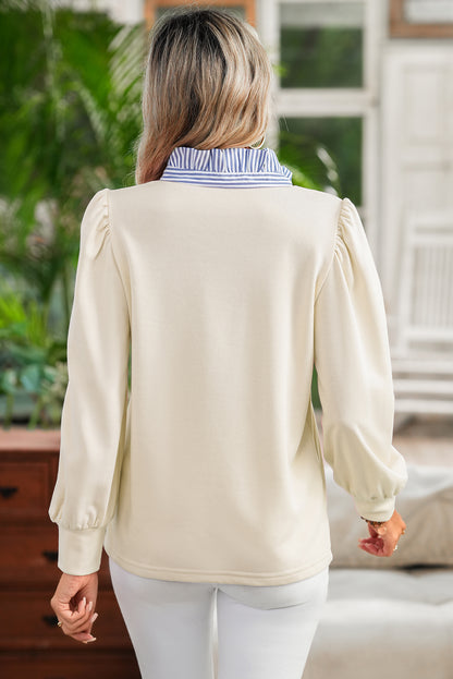 White Striped Collar Ruffle Sweatshirt