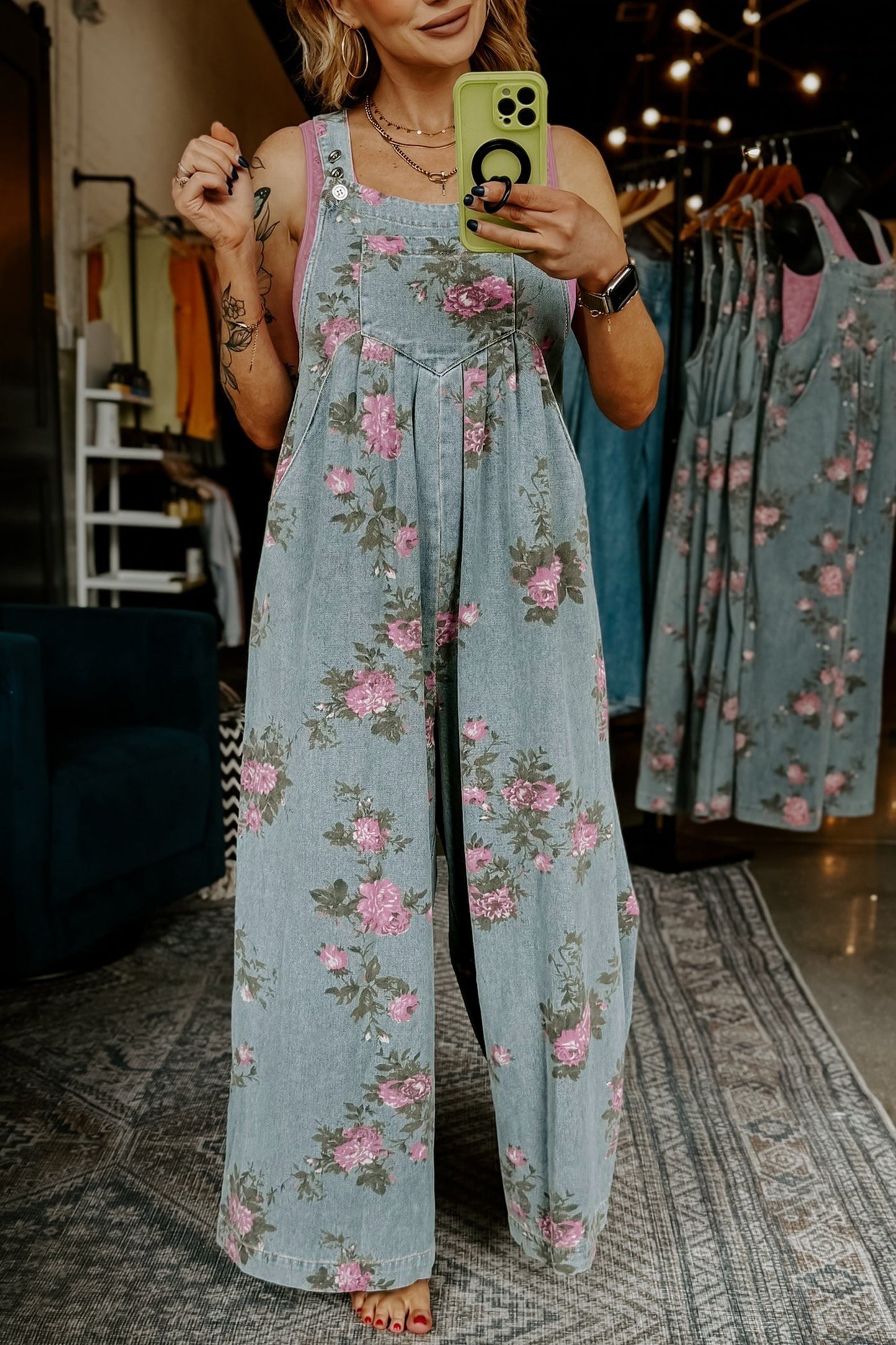 Beau Blue Floral Denim Overalls – Vintage Pleated Jumpsuit