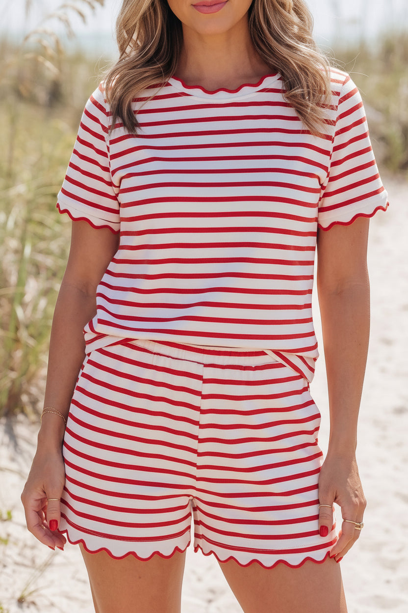Red Stripe Two Piece Short Set – Scalloped Trim Lounge Outfit