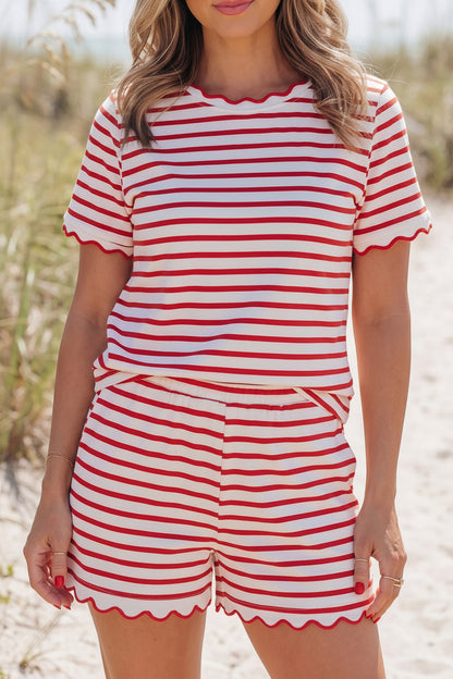 Red Stripe Two Piece Short Set – Scalloped Trim Lounge Outfit