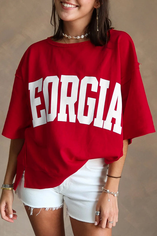 Georgia Gameday Letter Tee – Racing Red Drop Shoulder Graphic Top