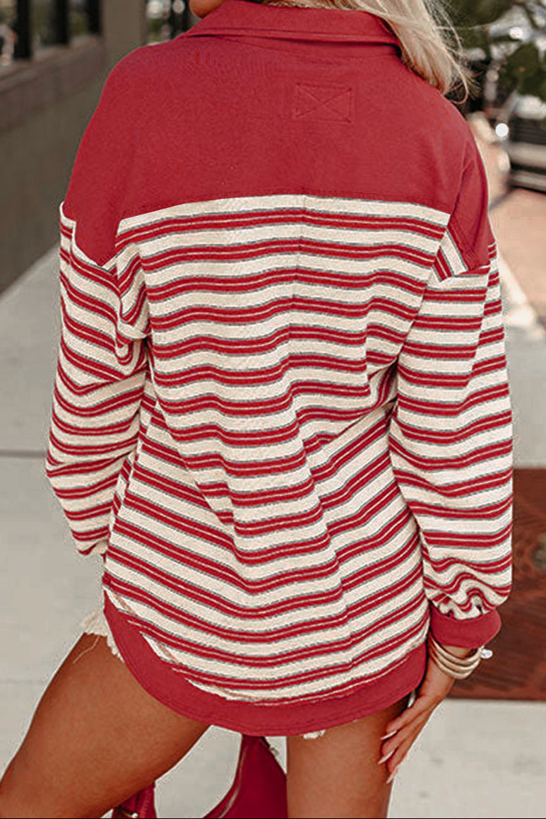 Striped Collared V-Neck Button Top