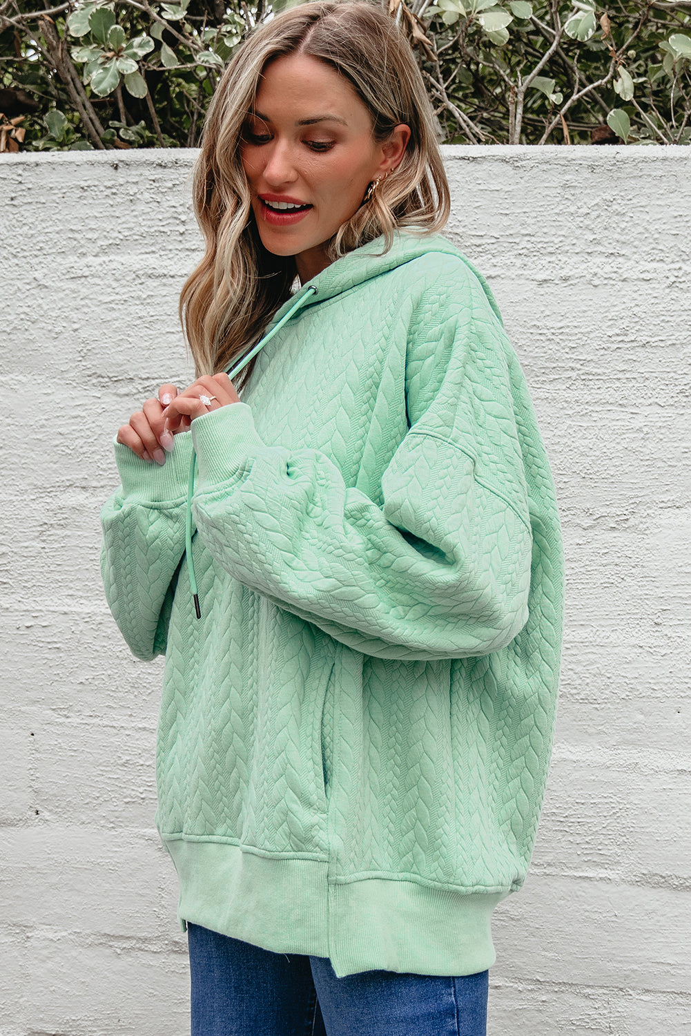 Moonlight Jade Cable Textured Hoodie – Oversized Cozy Sweatshirt