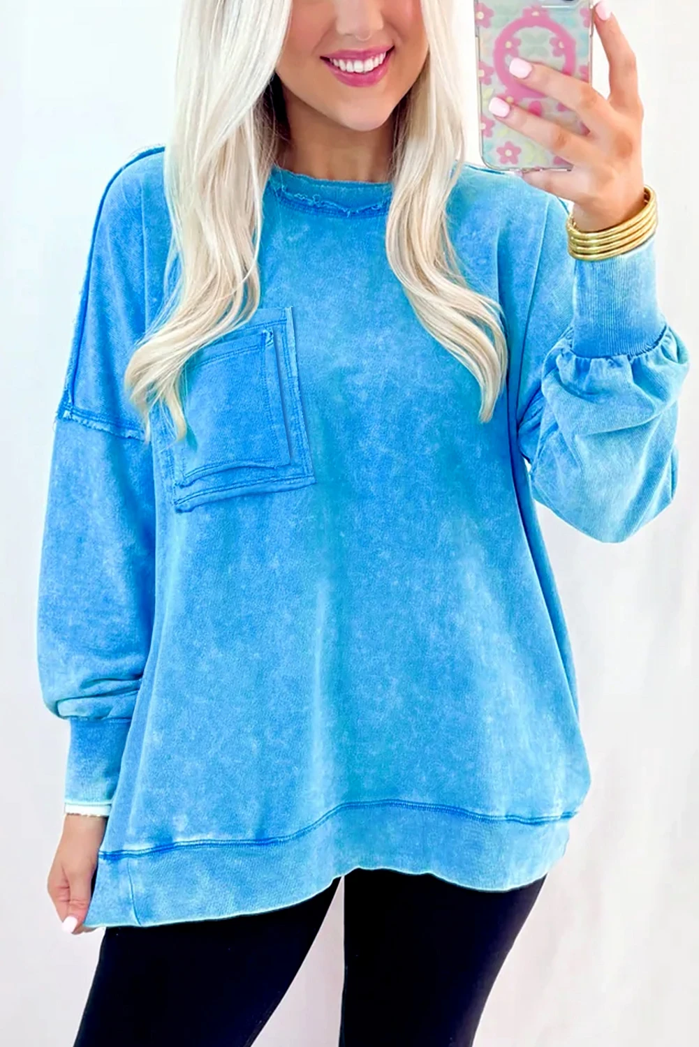 Blue Mineral Wash Sweatshirt – Drop Shoulder Raw Seam Pullover
