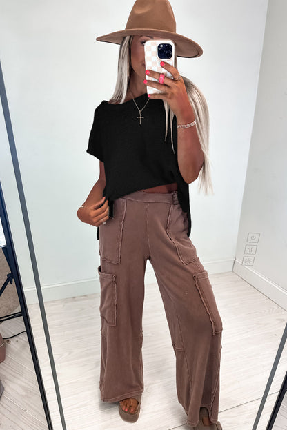 Jet Stream Knit T Shirt – Side Slit Loose Fit Short Sleeve Top