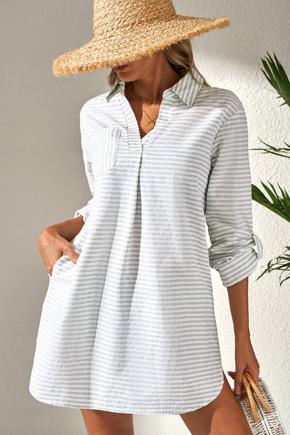White Stripe Beach Cover Up Shirt – Collared Long Sleeve Button Down