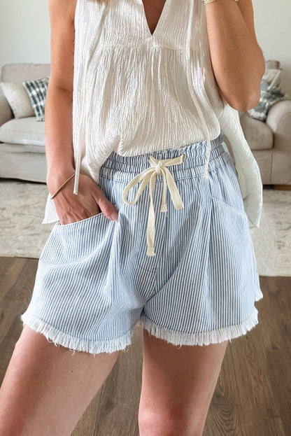 Sky Blue Striped Denim Shorts – High Waist Drawstring Raw Hem