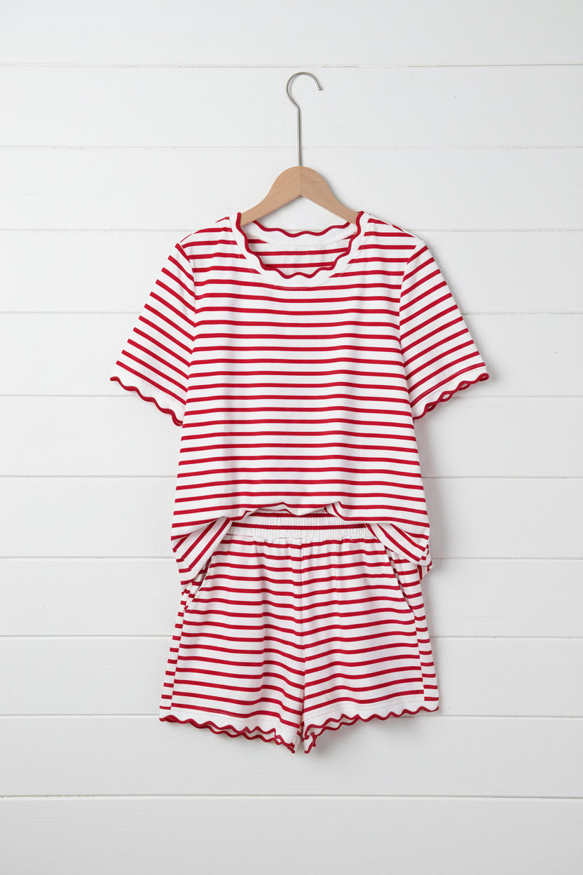 Red Stripe Two Piece Short Set – Scalloped Trim Lounge Outfit