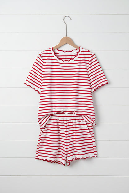 Red Stripe Two Piece Short Set – Scalloped Trim Lounge Outfit
