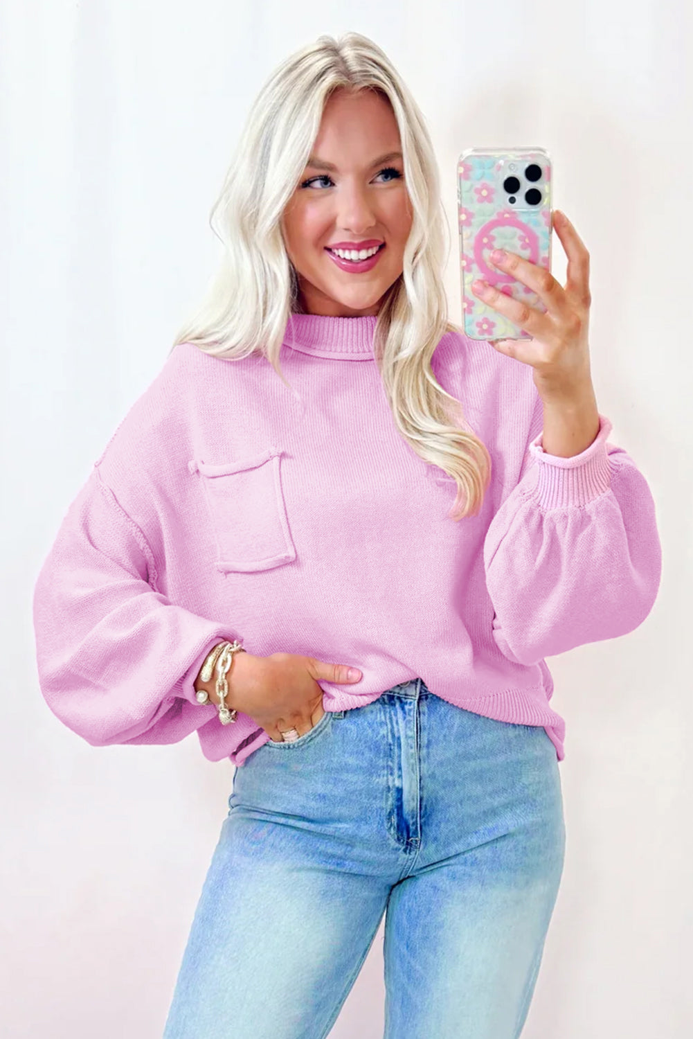 Pink Mock Neck Sweater – Relaxed Fit Balloon Sleeve Knit