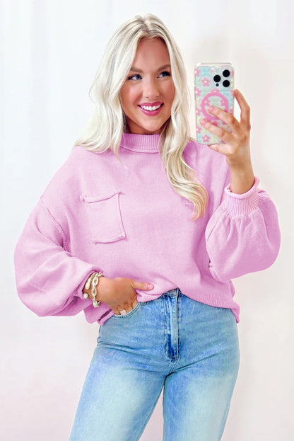 Pink Mock Neck Sweater – Relaxed Fit Balloon Sleeve Knit