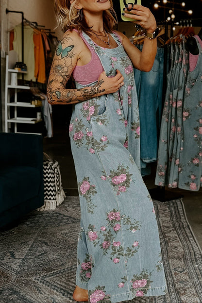 Beau Blue Floral Denim Overalls – Vintage Pleated Jumpsuit