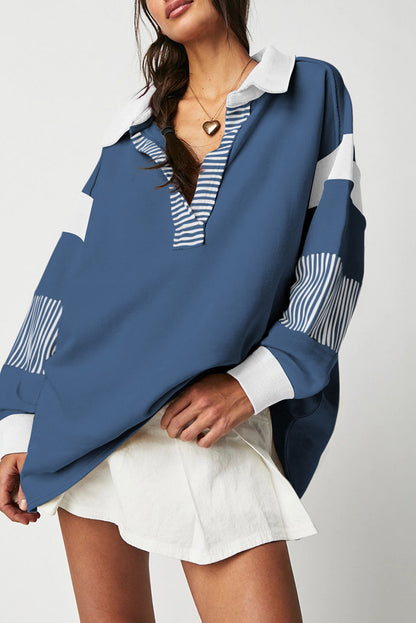 Dark Blue Colorblock Patchwork Pullover