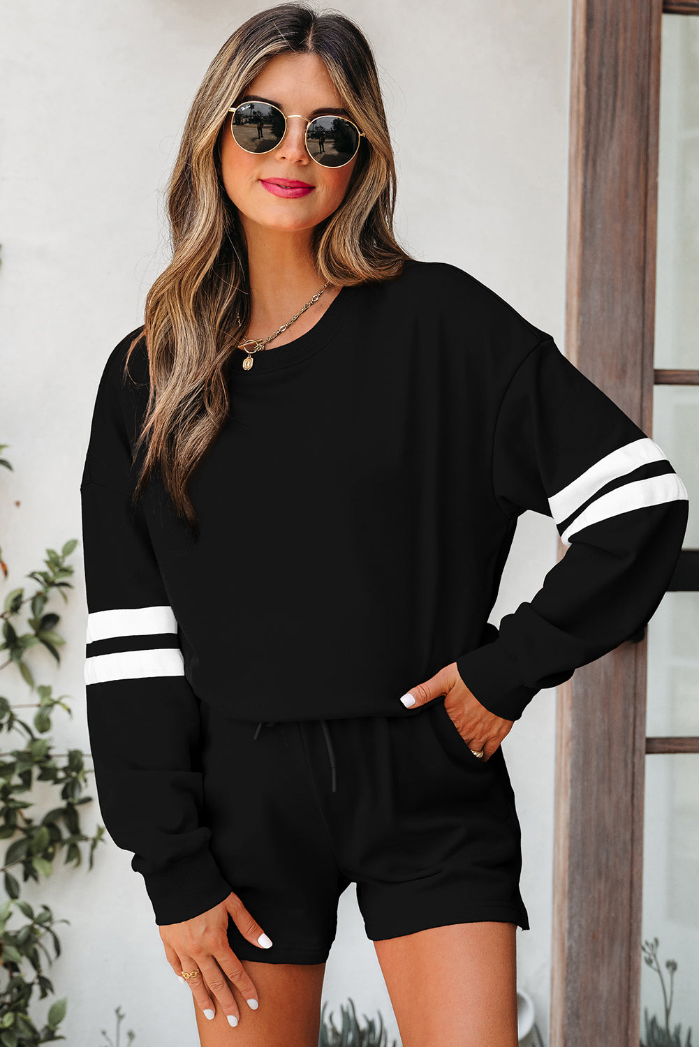 Varsity Two Piece Short Set – Drop Shoulder Pullover Lounge Set