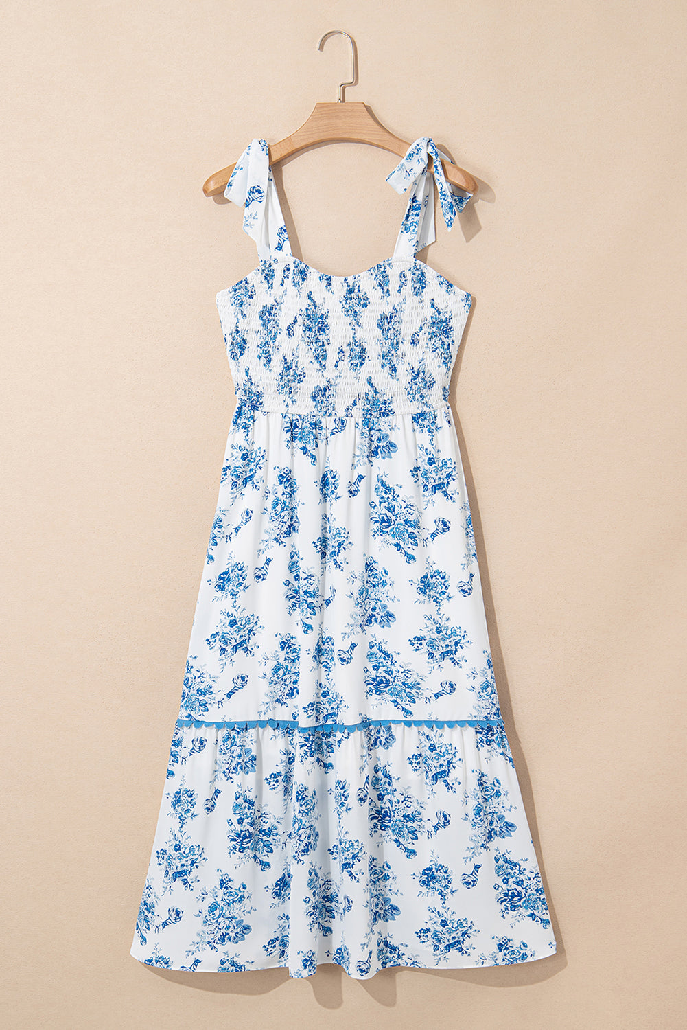 Sky Blue Floral Maxi Dress – Shirred Bodice Sleeveless Summer Dress