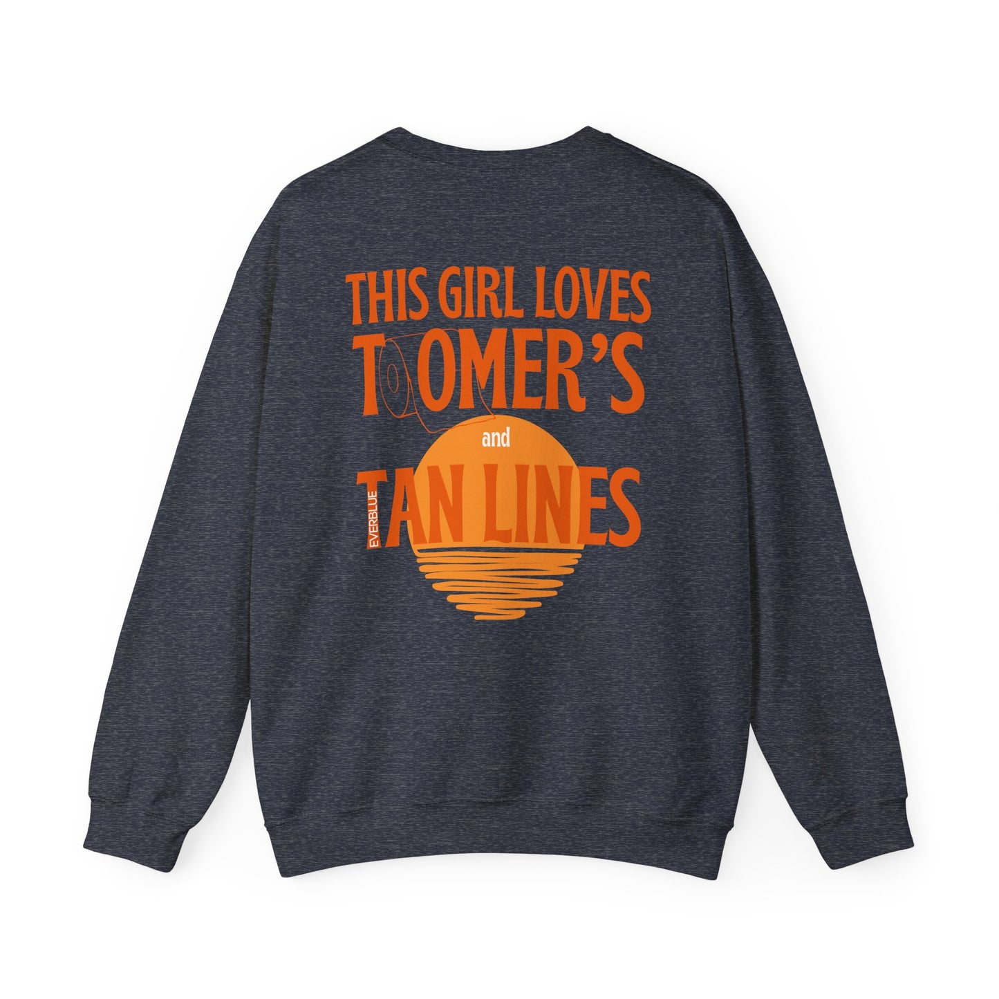 Gray sweatshirt with orange text and sunset graphic on a white background
