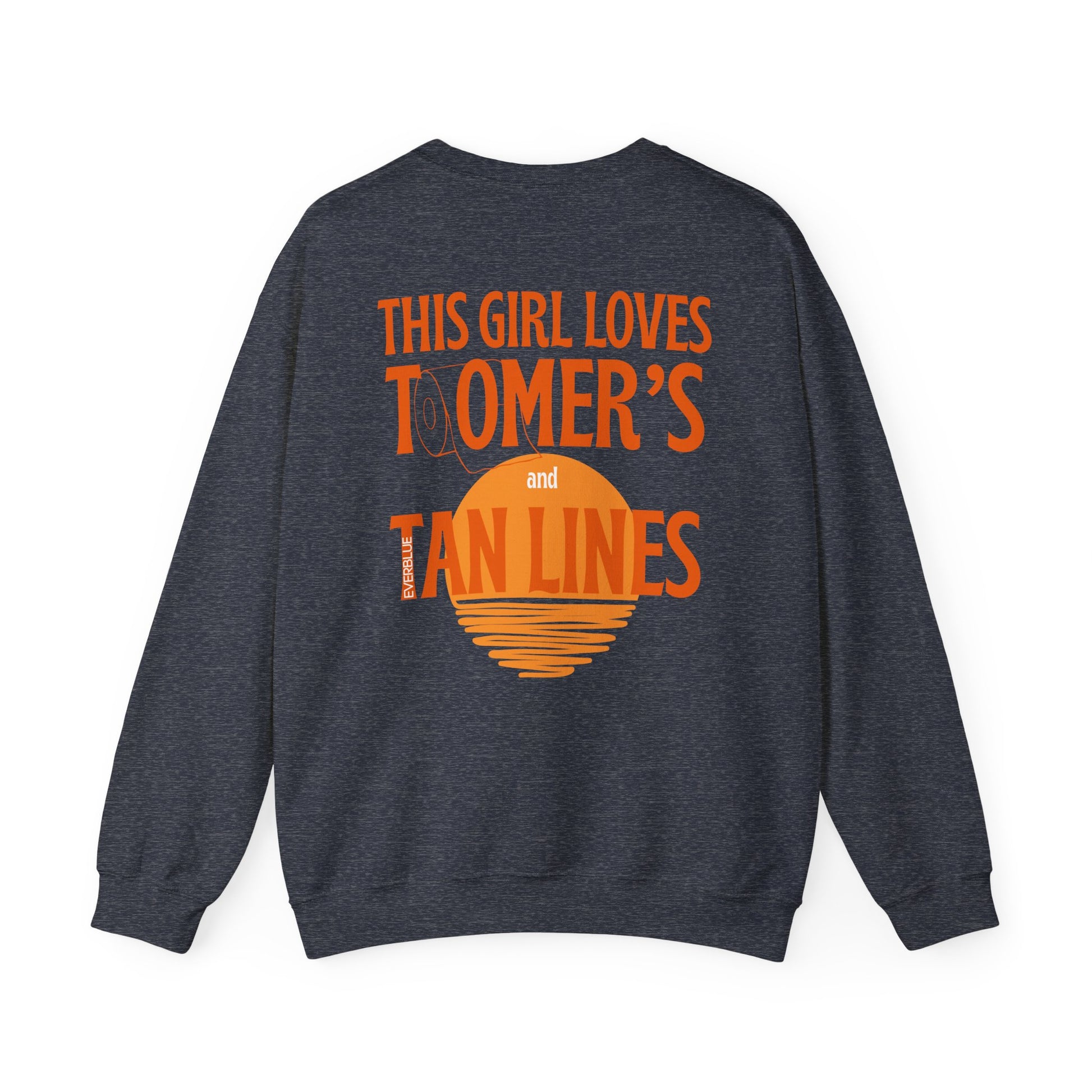 Gray sweatshirt with orange text and sunset graphic on a white background