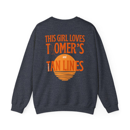 Gray sweatshirt with orange text and sunset graphic on a white background