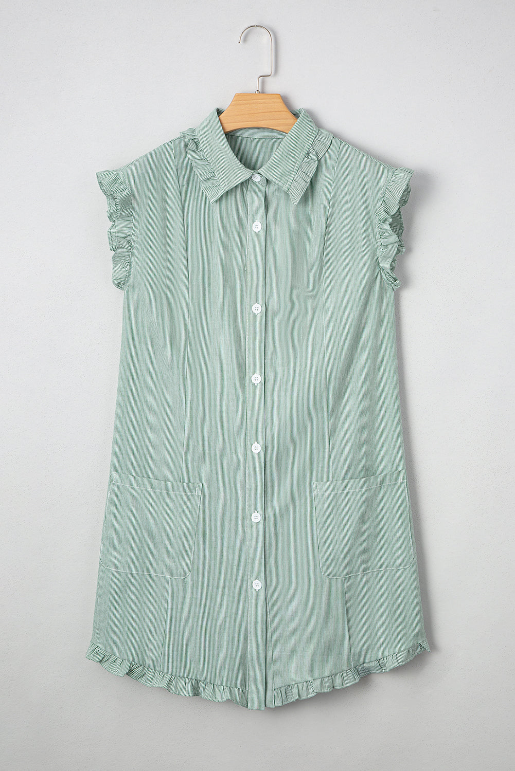 Green Stripe Button Mini Shirt Dress – Frill Detail Casual Cotton Dress