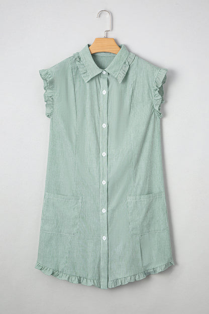 Green Stripe Button Mini Shirt Dress – Frill Detail Casual Cotton Dress